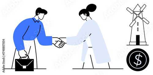 Two professionals shaking hands symbolizing partnership, a windmill for renewable energy, and financial success. Ideal for sustainability, teamwork, agreement, renewable energy, business