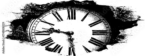 Vintage broken clock face stencil art – celestial grunge design for urban decor
