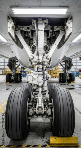 Closeup of Airplane Landing Gear in Maintenance Hangar