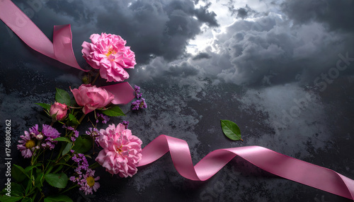 Pink Ribbons and Flowers on a Dark, Moody Background with Dramatic Clouds.