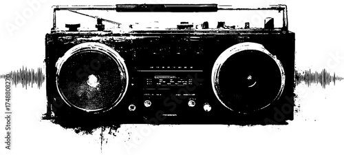 Vintage broken radio stencil with sound waves for retro design projects