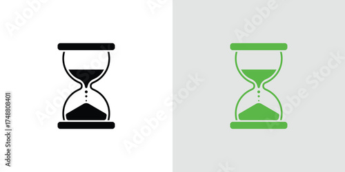 Isolated Hourglass Sand Timer Icons with Sand Flowing, One Black, One Green