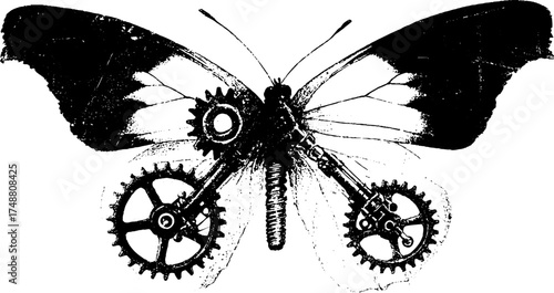 Abstract mechanical butterfly design with gears and wings for artistic decoration
