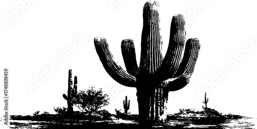Black and white cactus stencil illustration for desert-inspired designs