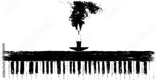 Grungy candle burning above piano keys in black and white stencil design