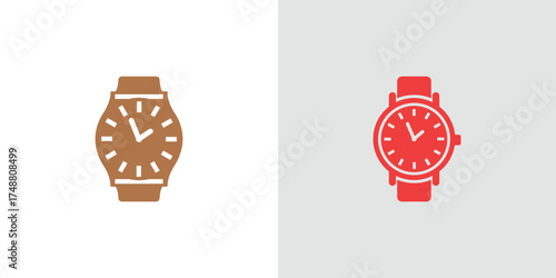 Isolated Watch Icon in Brown and Red, Timepiece, Modern Flat Design on White