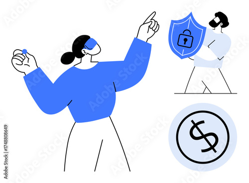 Person using advanced tech gestures, shield with padlock symbolizing security, and dollar coin. Ideal for finance, technology, cybersecurity, data privacy, digital currency, financial safety