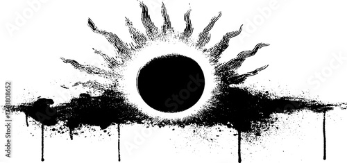 Black and white stencil with circular divine emblem - spiritual sunburst design for posters