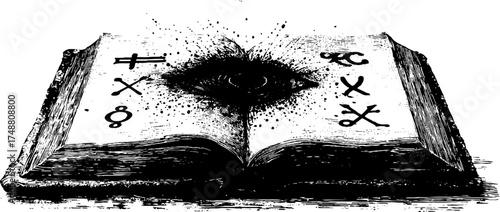 Mystical black and white stencil illustration of an ancient book with symbolic markings