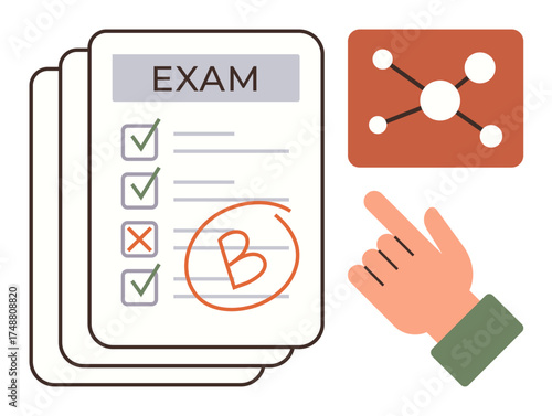 Exam paper with marked answers and grade B, hand pointing to educational diagram. Ideal for education, testing, assessment, learning, analysis, feedback guidance. Simple flat metaphor