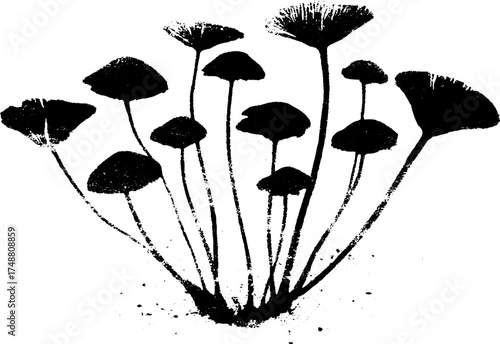 Monochrome mushroom cluster stencil illustration for nature-inspired design