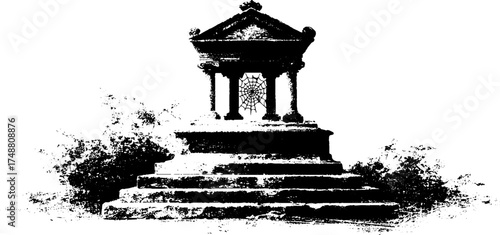 Ancient monument with cobweb and altar in black and white stencil art