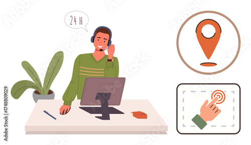 Support agent with headset at desk, speaking to customers. Location pin and touchscreen click icons. Ideal for customer service, support, technology, remote work, communication, assistance online