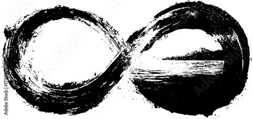 Black and white stencil illustration of complex atomic spiral design