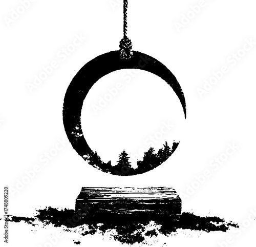 Black and white linocut stencil of a hanging crescent moon swing in a mystical boho night style.
