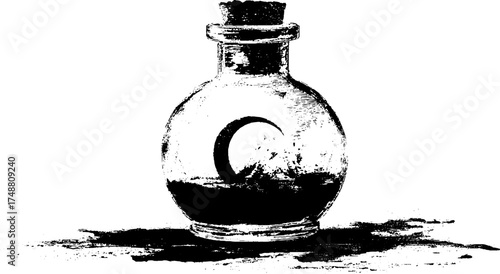Black and white crescent moon potion bottle illustration for mystical design
