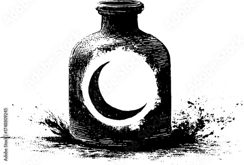 Black and white boho stencil art of crescent moon in vintage bottle