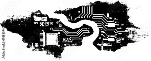 Abstract black and white stencil of crystalline fragment circuit design