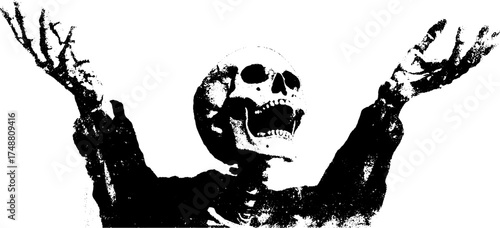 Dancing skeleton silhouette in black and white stencil art