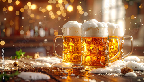 Golden Beer Mugs with Frothy Foam on Wooden Table.