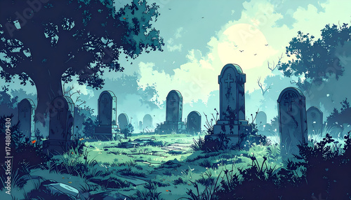 Eerie Graveyard Landscape with Ancient Tombstones and Overgrown Vegetation.
