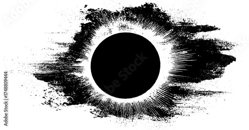 Dramatic black and white solar eclipse silhouette with textured grunge effects for creative design