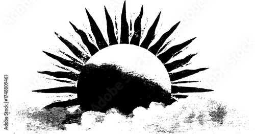 Celestial sun disc silhouette with rays and cloud elements for cosmic designs