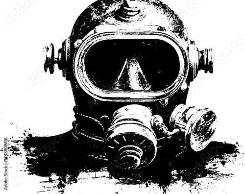 Vintage diver's mask stencil art with grunge texture and distressed effects for urban design