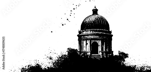 Black and white stencil illustration of a domed planetarium with celestial elements