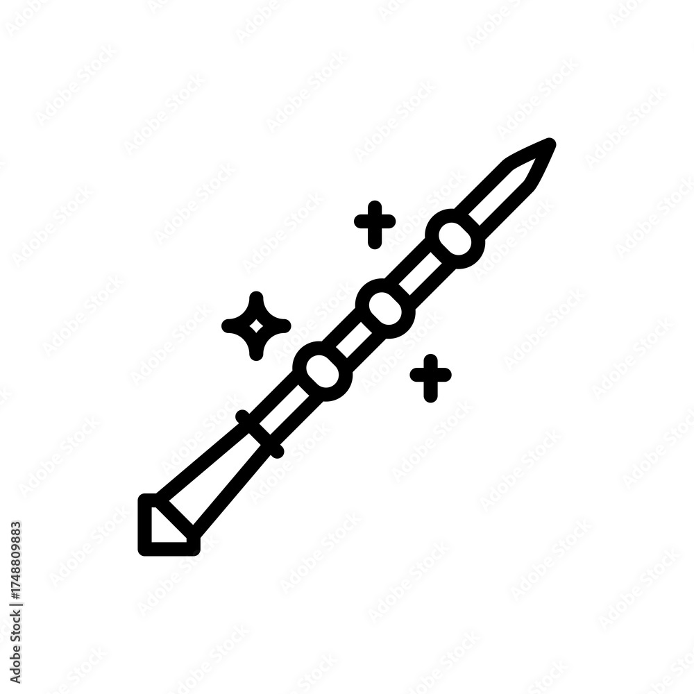 Fototapeta premium Black outline of a magic wand with sparkling stars and circles on a transparent background representing fantasy and enchantment