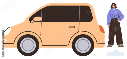 A peach-colored compact car with a fashionable woman in a hoodie and wide-leg pants standing beside it. Ideal for transportation, freedom, travel, independence, style, car ownership, modern