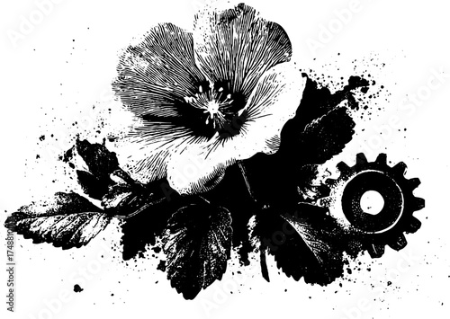 Black and white stencil illustration of a flower and gear design for art projects