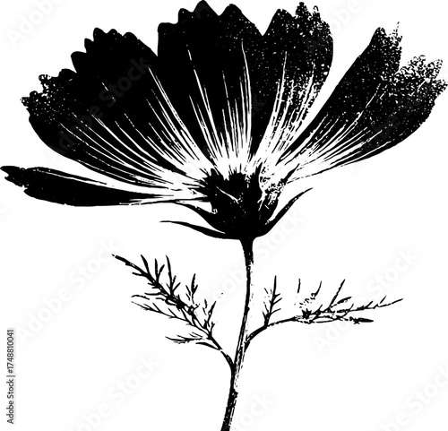 Black and white stencil illustration of a flower with gear elements for design and decoration