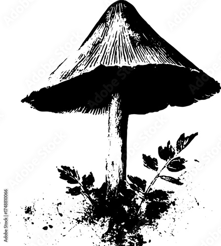 Monochrome forest mushroom silhouette art for nature-themed designs