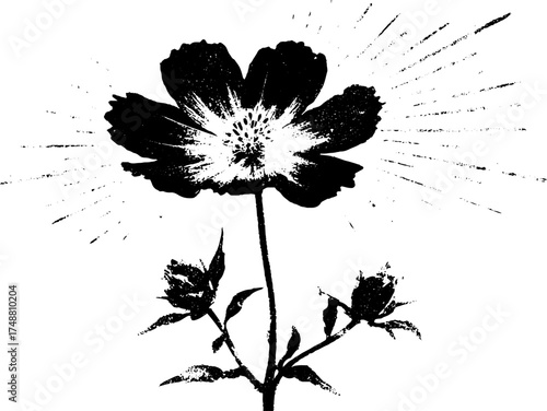 Black and white geometric flower stencil illustration with textured silhouette