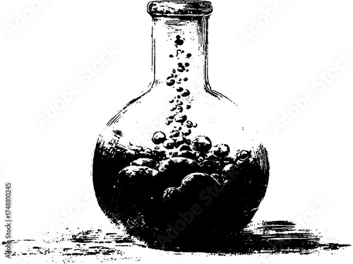 Vintage black and white stencil illustration of a glass beaker with bubbles concept
