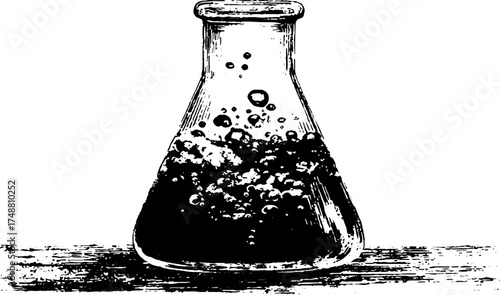 Black and white stencil art of a bubbly glass beaker for science and alchemy design