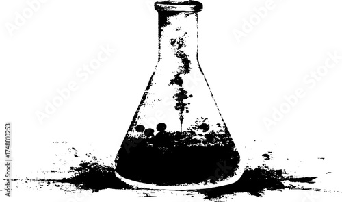 Black and white grunge silhouette of a glass beaker for science themes and designs