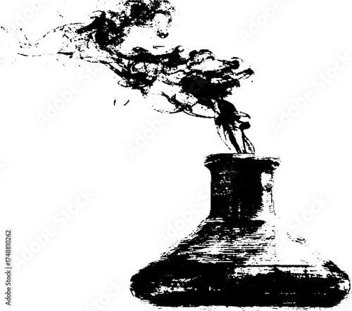 Chemistry experiment silhouette with glass retort and rising smoke art design