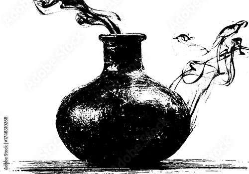 Black and white stencil art of a glass retort with smoke for vintage design