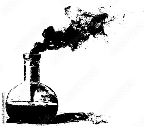Black and white stencil illustration of alchemical glass retort with smoky element
