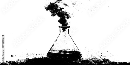 Vintage black and white stencil illustration of glass retort with smoke for design use
