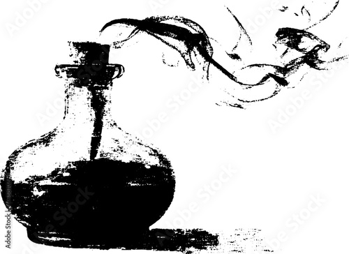 Vintage alchemy glass retort with smoky silhouette for retro design