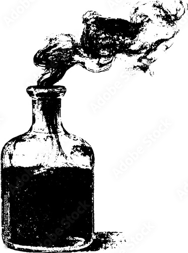 Black and white silhouette of a glass retort with vapor for vintage design