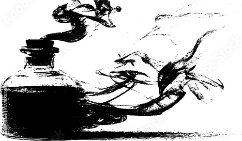 Vintage black and white stencil illustration of glass retort with smoke for retro design and science themes