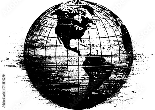 Black and white globe stencil illustration with grunge texture for artistic design