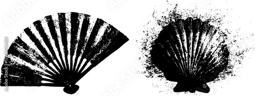 Abstract black and white hand fan stencil art with grunge texture for creative design projects