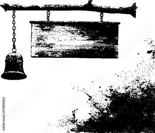 Rustic hanging sign with bell and grunge texture for vintage design