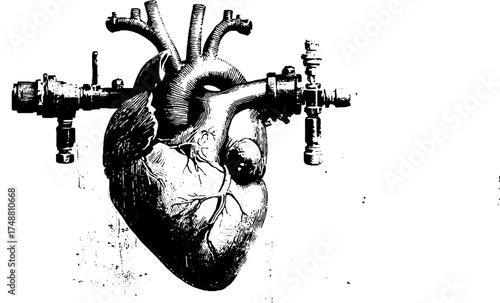 Industrial heart design in black and white stencil with pipes and valves for creative projects