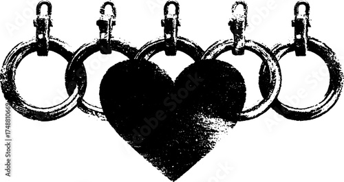 Grungy heart with chains stencil art - black and white design for urban decor